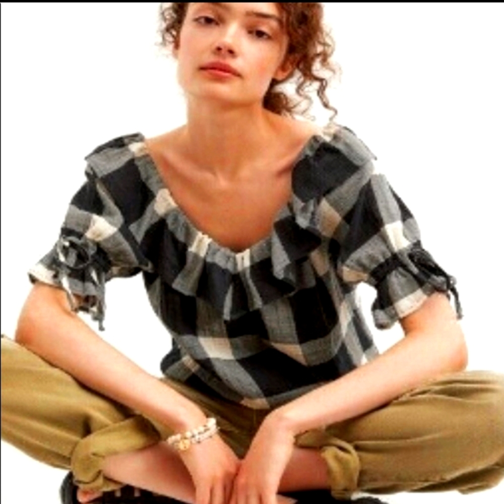 Anthropologie porridge buffalo plaid off shoulder top small